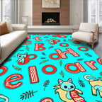 Red Letters Playful Kitties Turquoise Background Rug