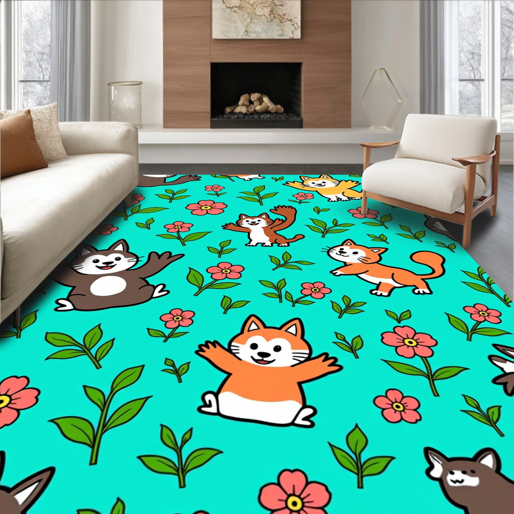 Whimsical Cat Floral Garden Teal Rug
