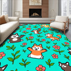 Whimsical Cat Floral Garden Teal Rug