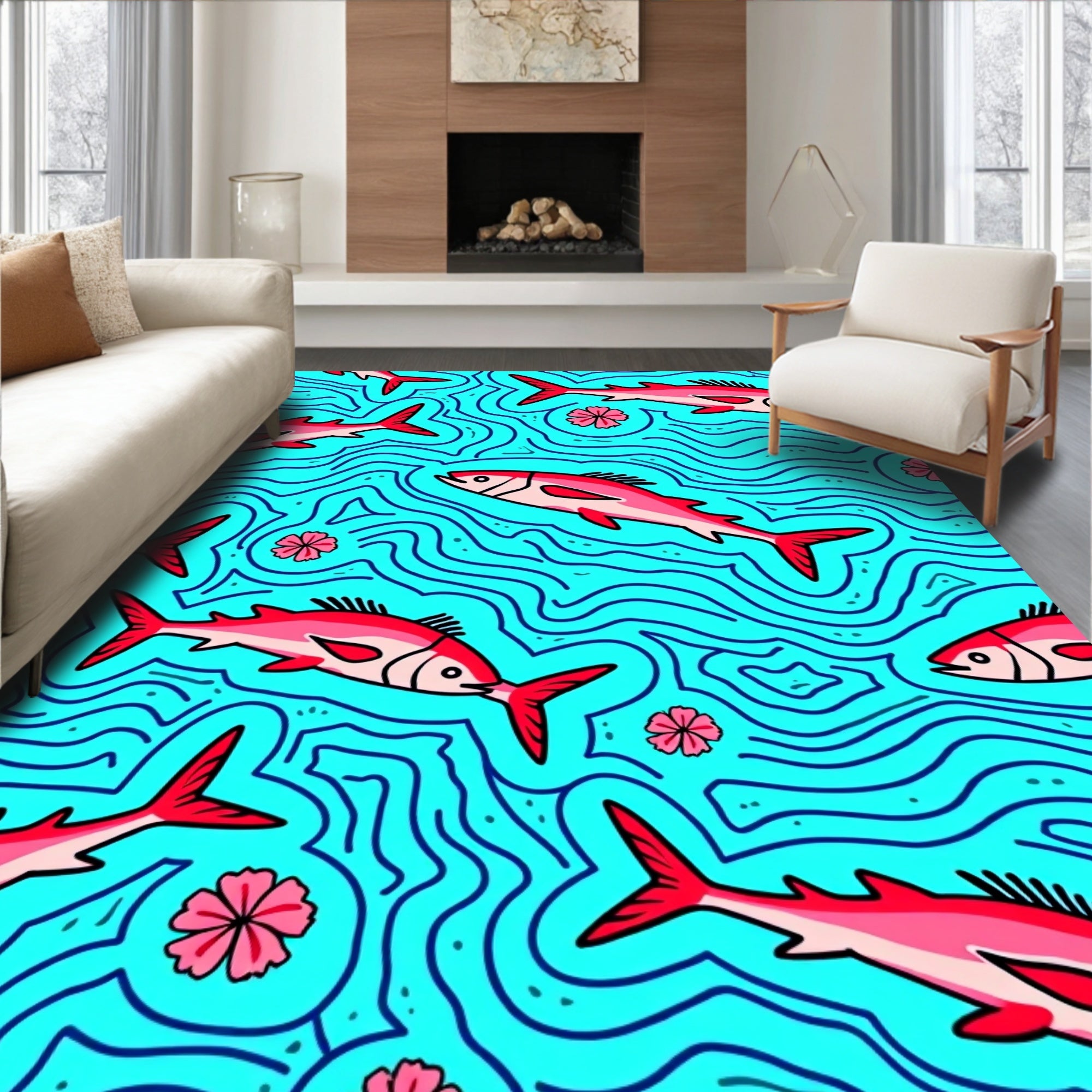 Whimsical Red Fish Blue Water Rug