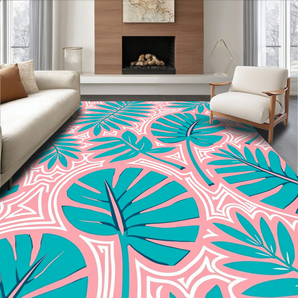 Teal Tropical Leaf Pink Background Abstract Rug