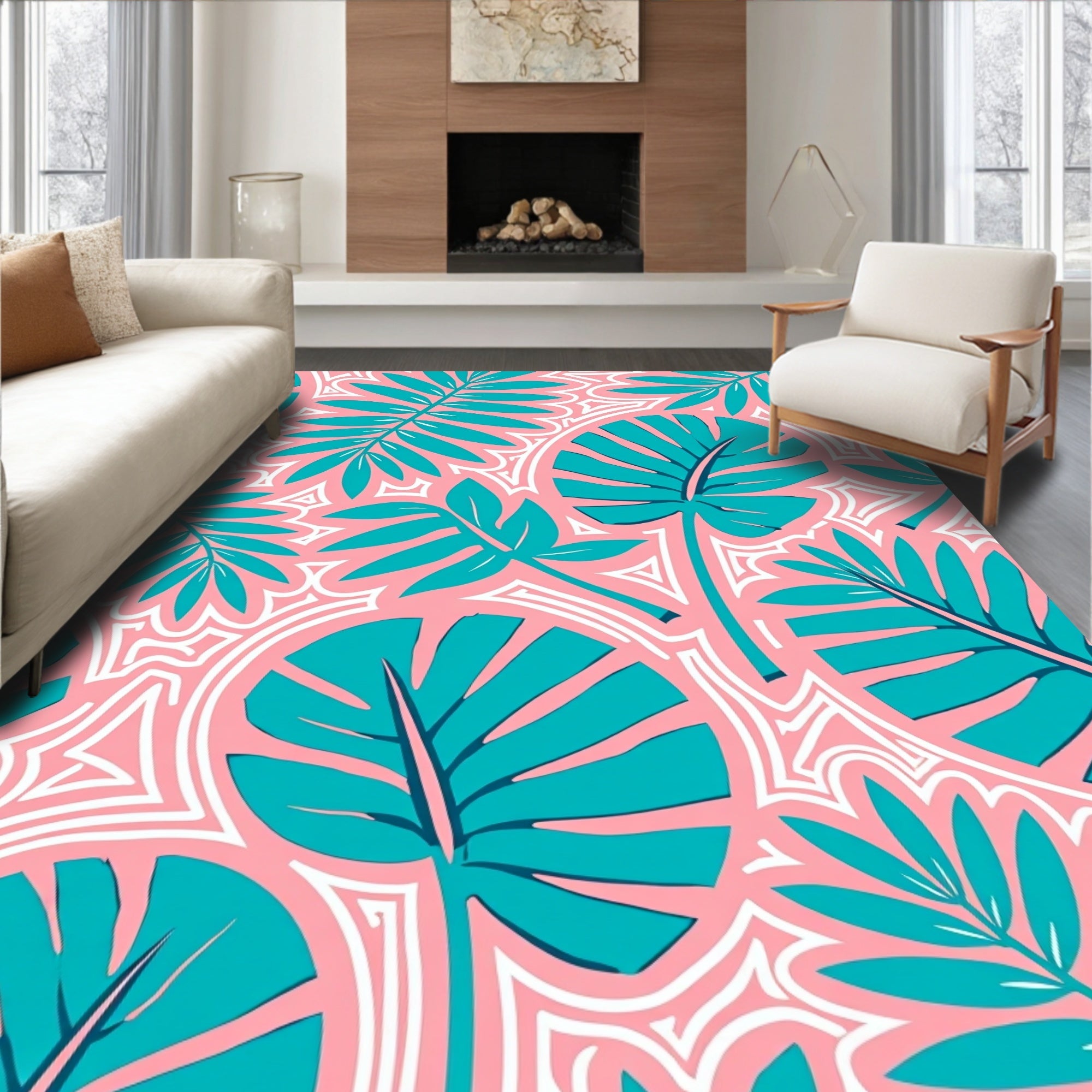 Teal Tropical Leaf Pink Background Abstract Rug