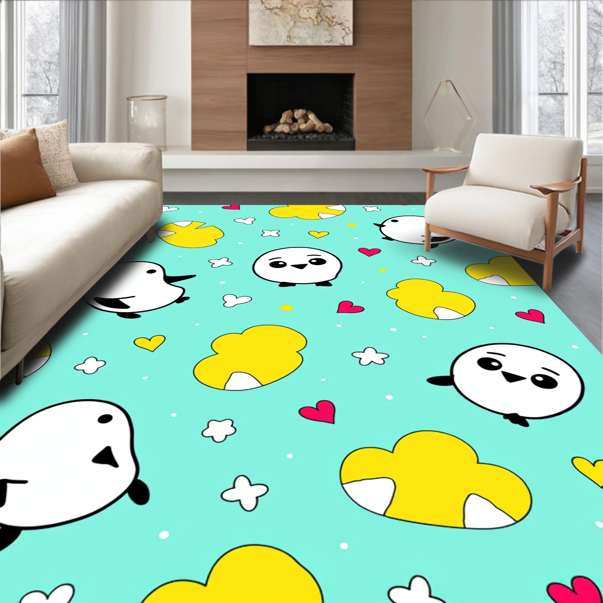 Cute Birds Yellow Clouds Hearts Rug