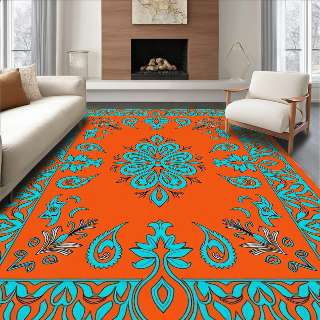 Orange Turquoise Floral Medallion Border Rug