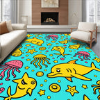 Whimsical Yellow Marine Creature Collage Rug