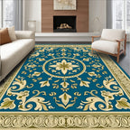 Teal Golden Floral Medallion Border Rug