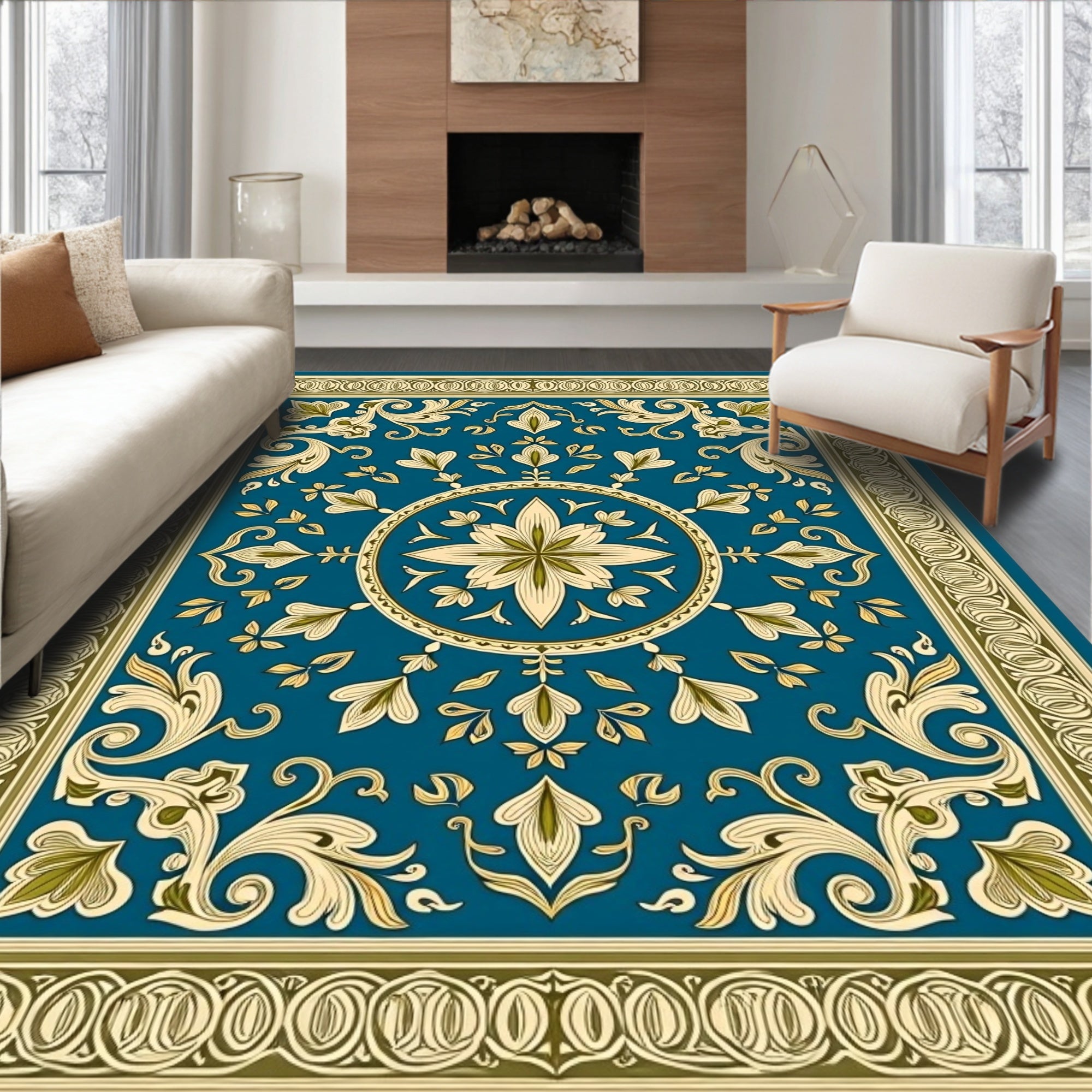 Teal Golden Floral Medallion Border Rug