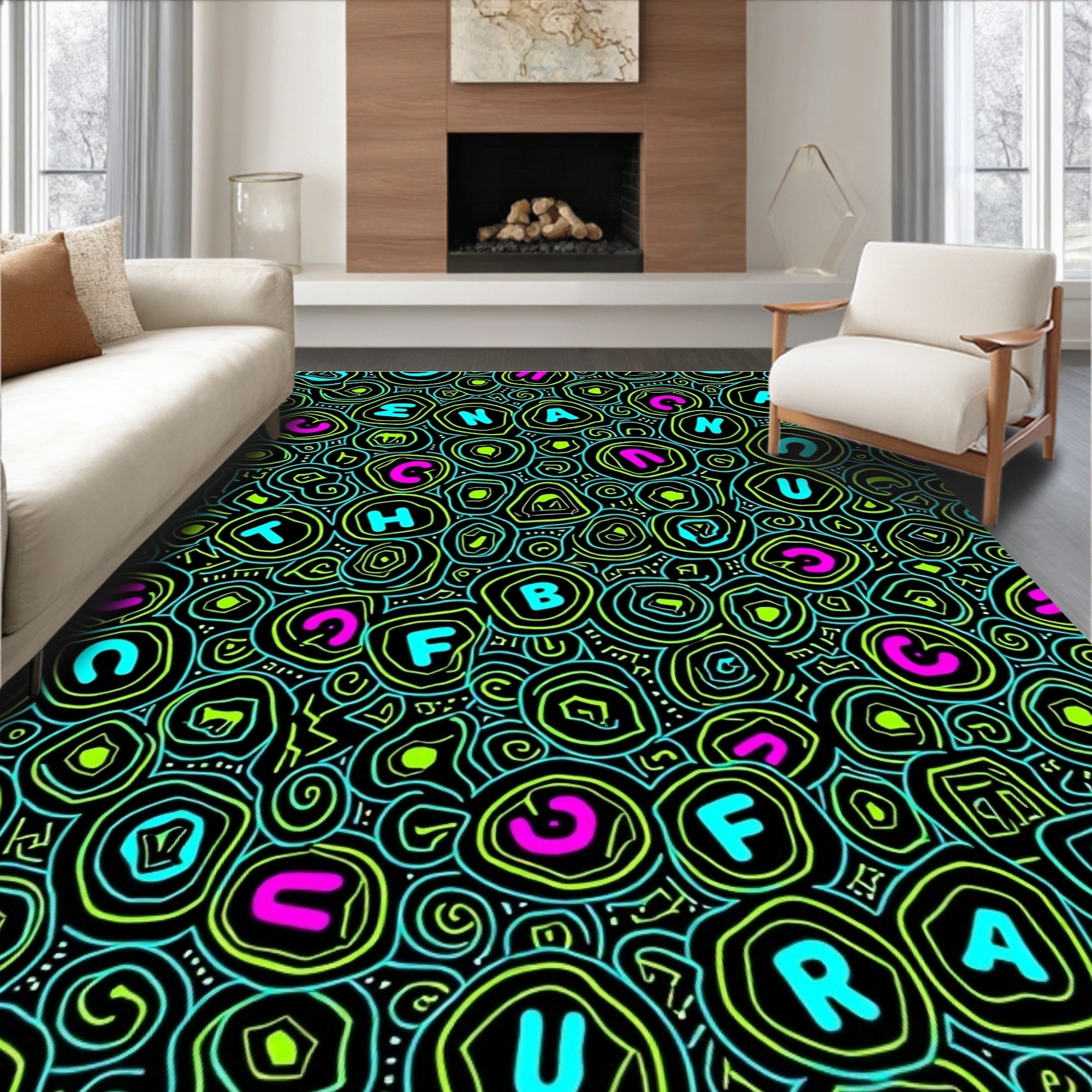 Colorful Neon Alphabet Circles Rug