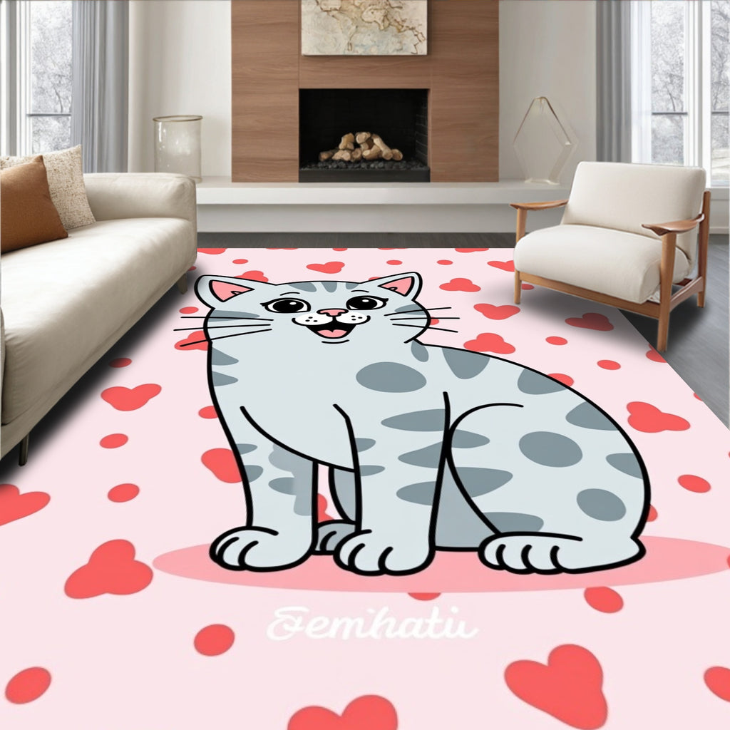 Playful Grey Cat Hearts Background Rug