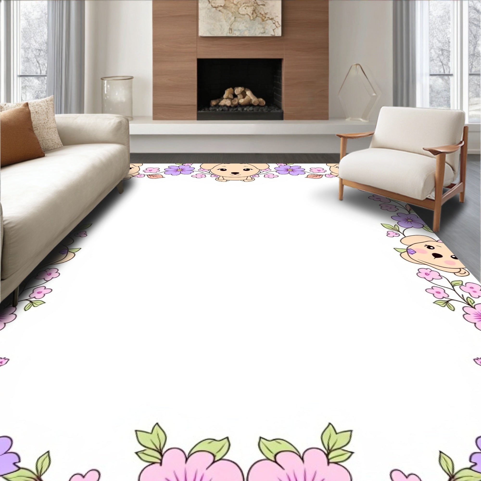Cute Puppy Floral Accent Rug