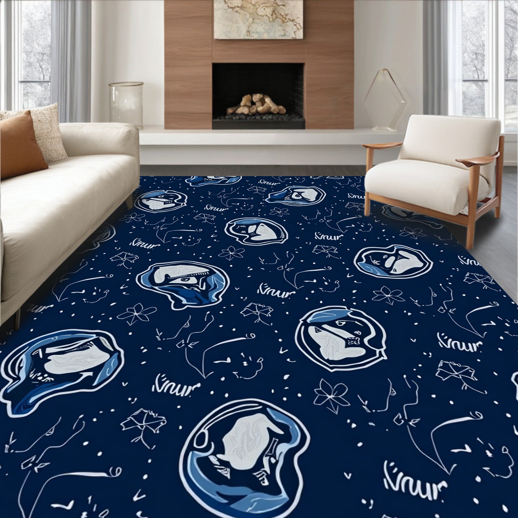 Abstract Blue Ink Wash Faces Rug