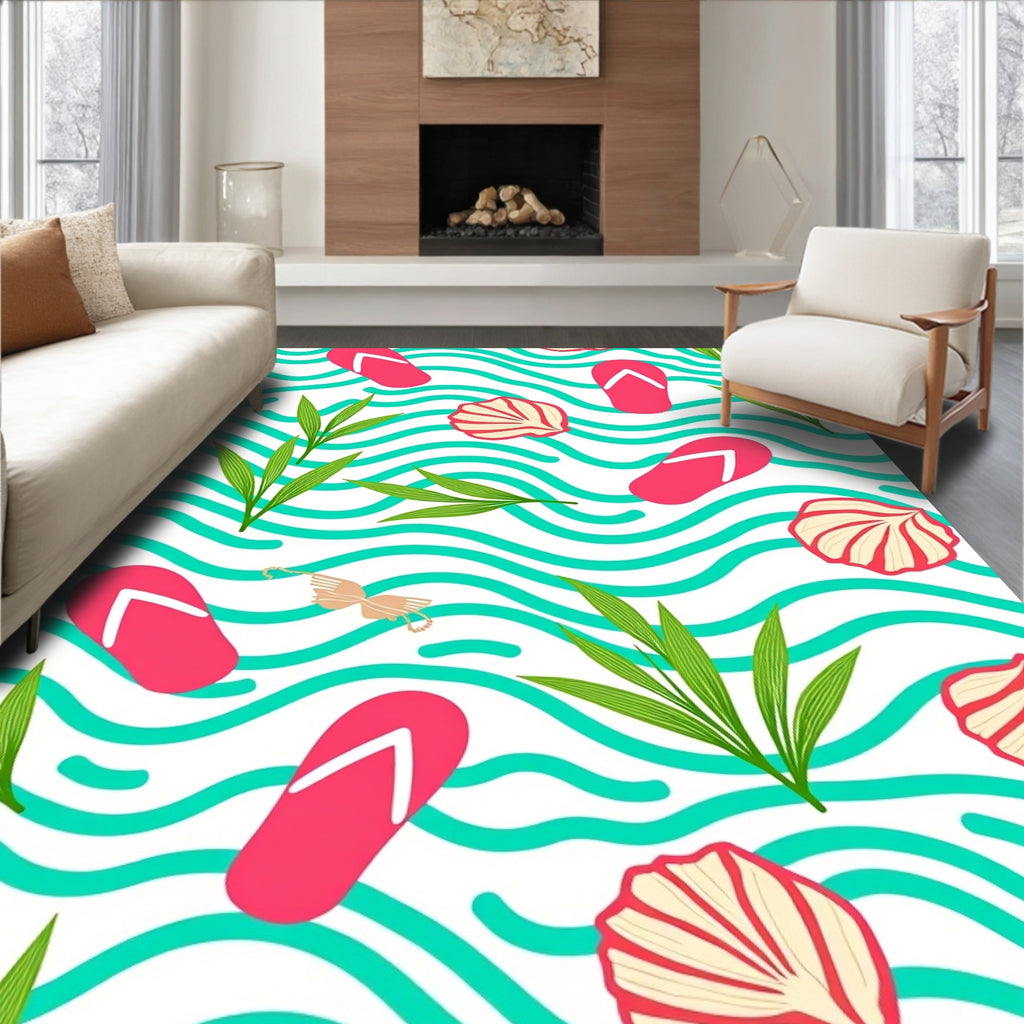 Pink Flip Flop Tropical Seashell Waves Rug