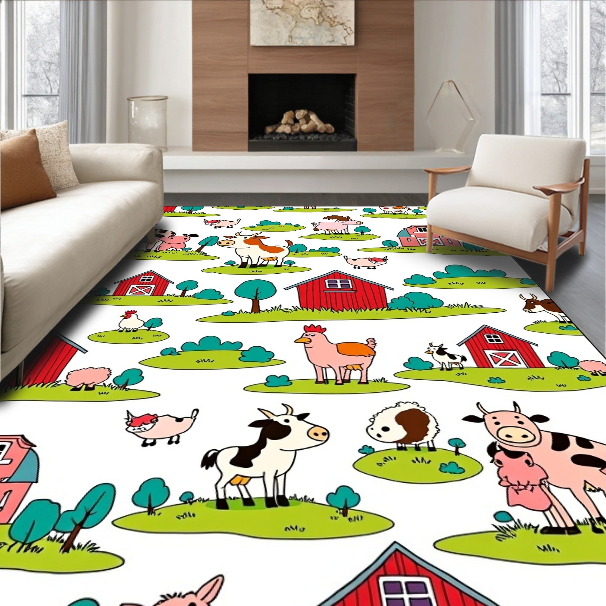 Whimsical Farm Animals Barn Landscape Rug
