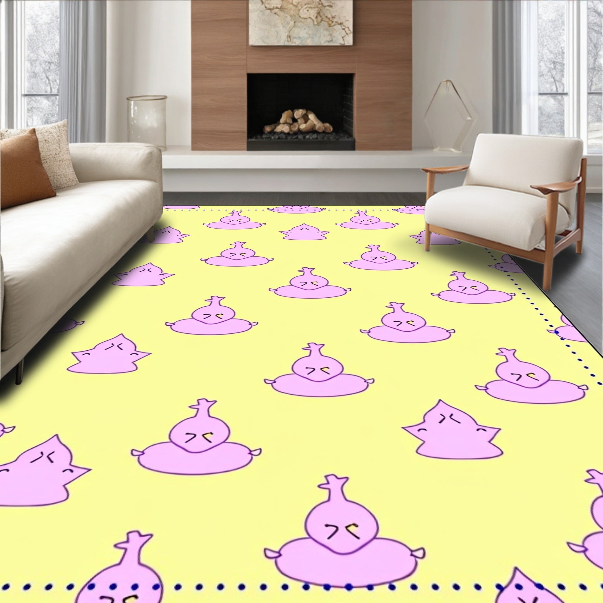 Whimsical Pink Poop Yellow Pillow Rug