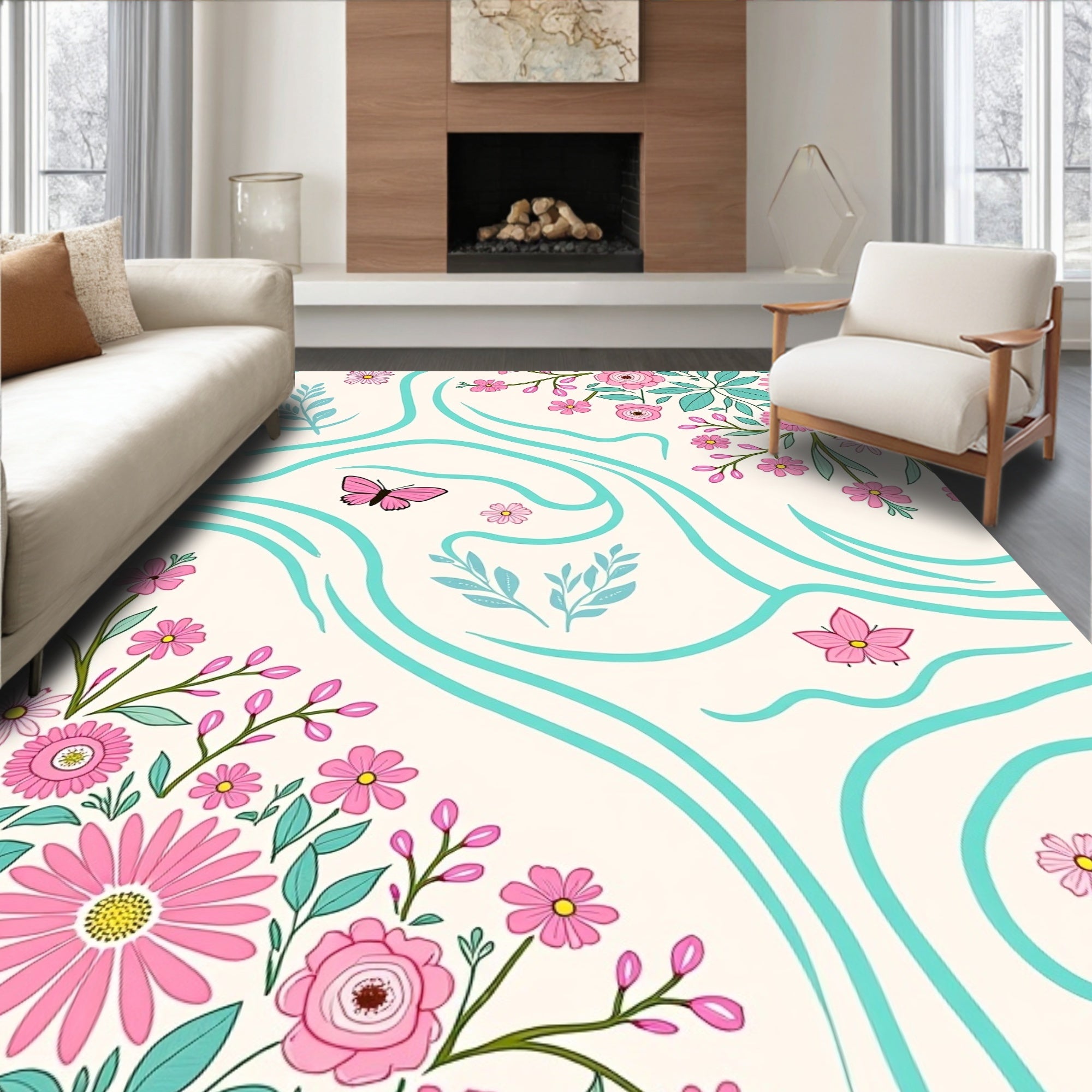 Whimsical Pink Floral Butterfly Swirl Rug