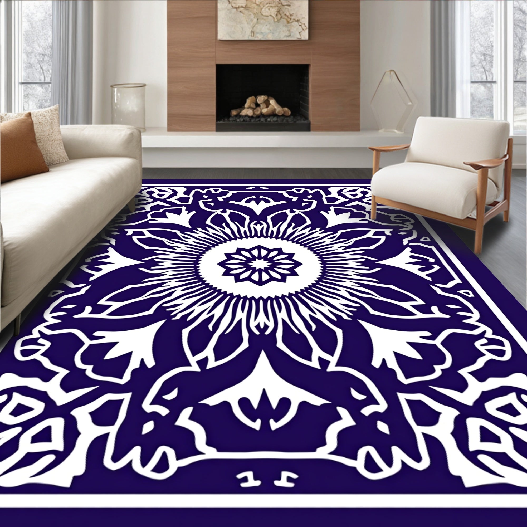 Deep Indigo Sunburst Floral Medallion Rug