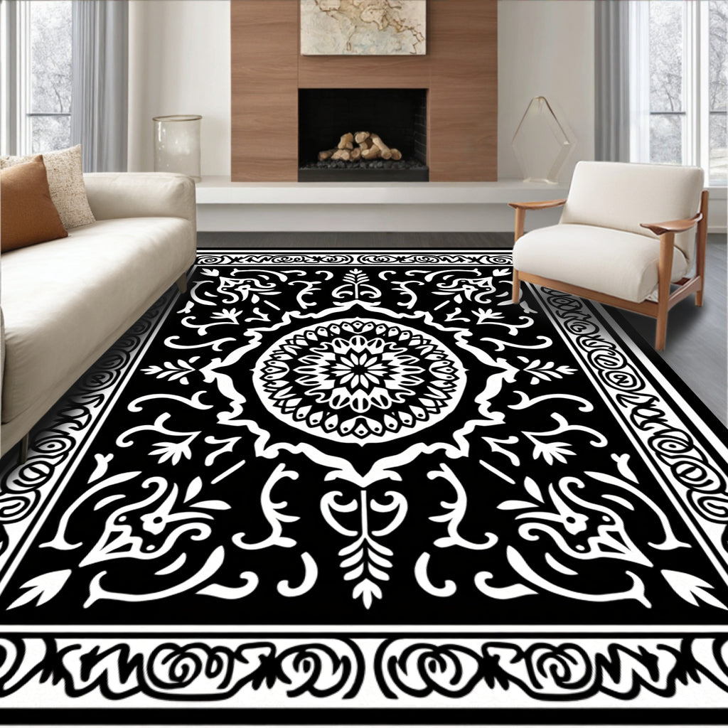 Black White Ornamental Scrollwork Rug