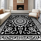 Black White Ornamental Scrollwork Rug