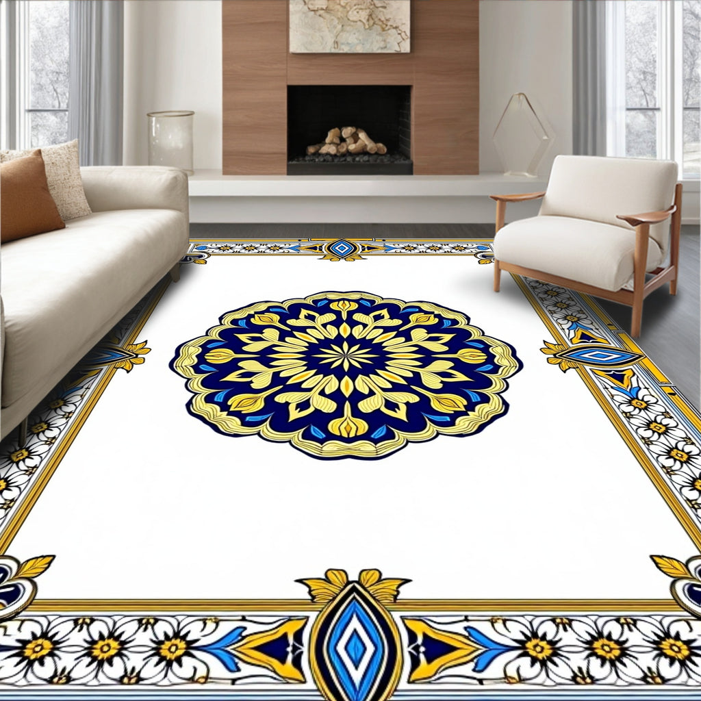 Royal Blue Golden Mandala Frame Rug