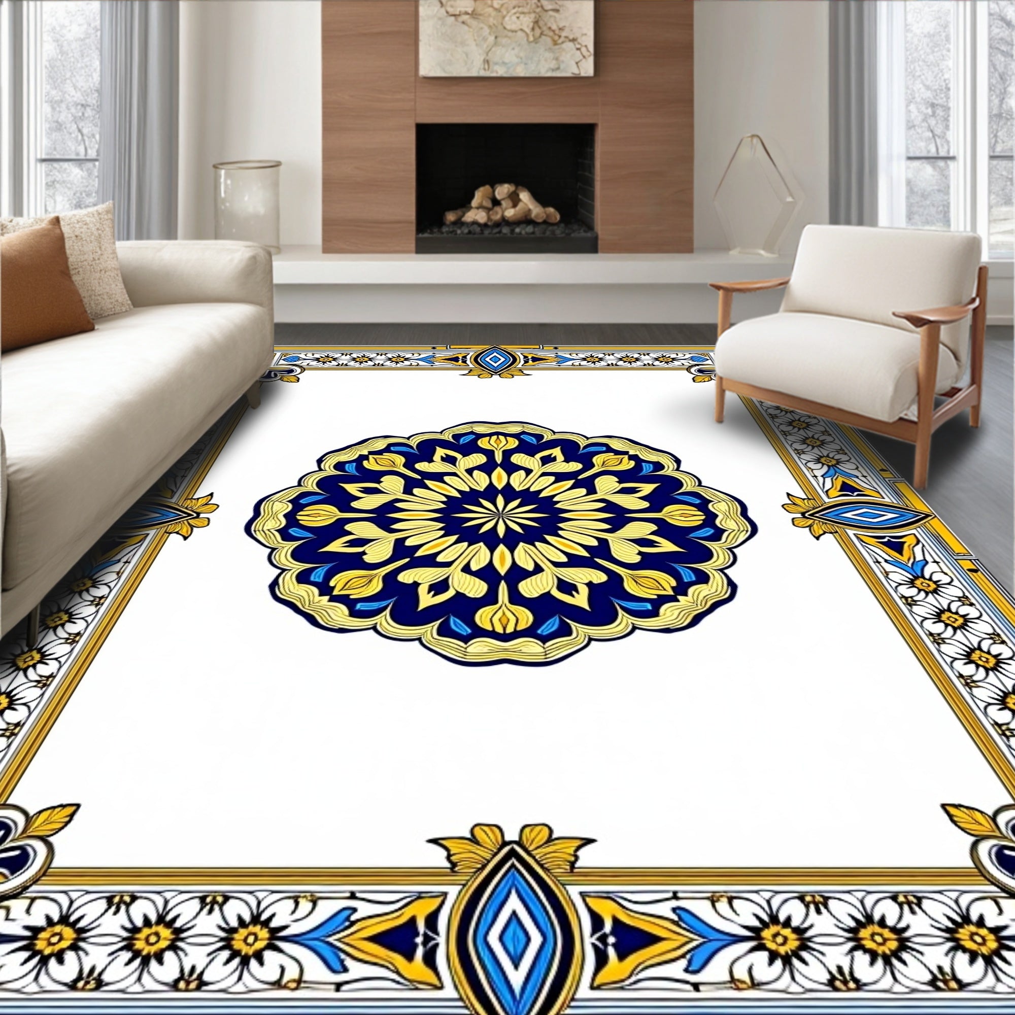 Royal Blue Golden Mandala Frame Rug