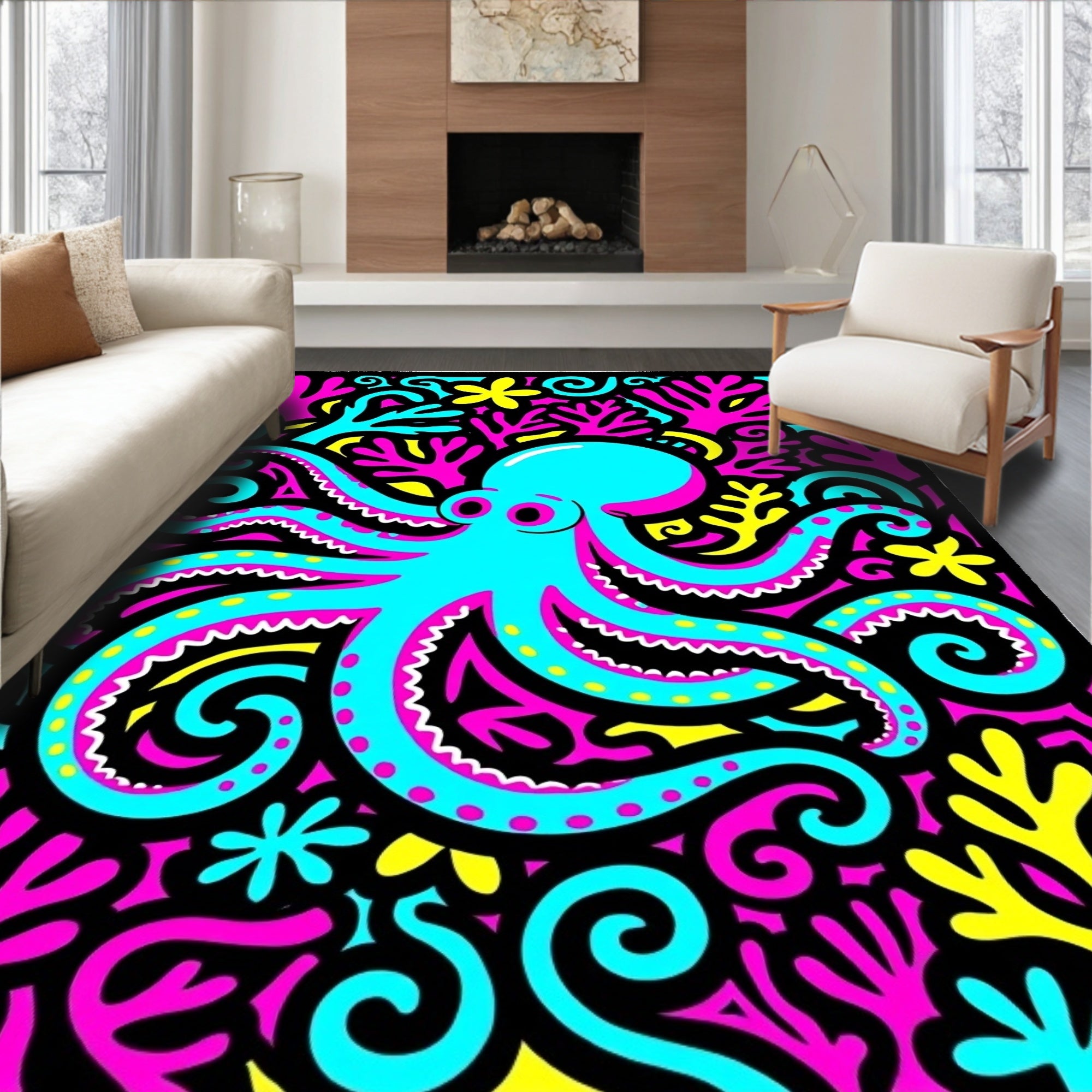 Vibrant Cyan Octopus Coral Garden Rug