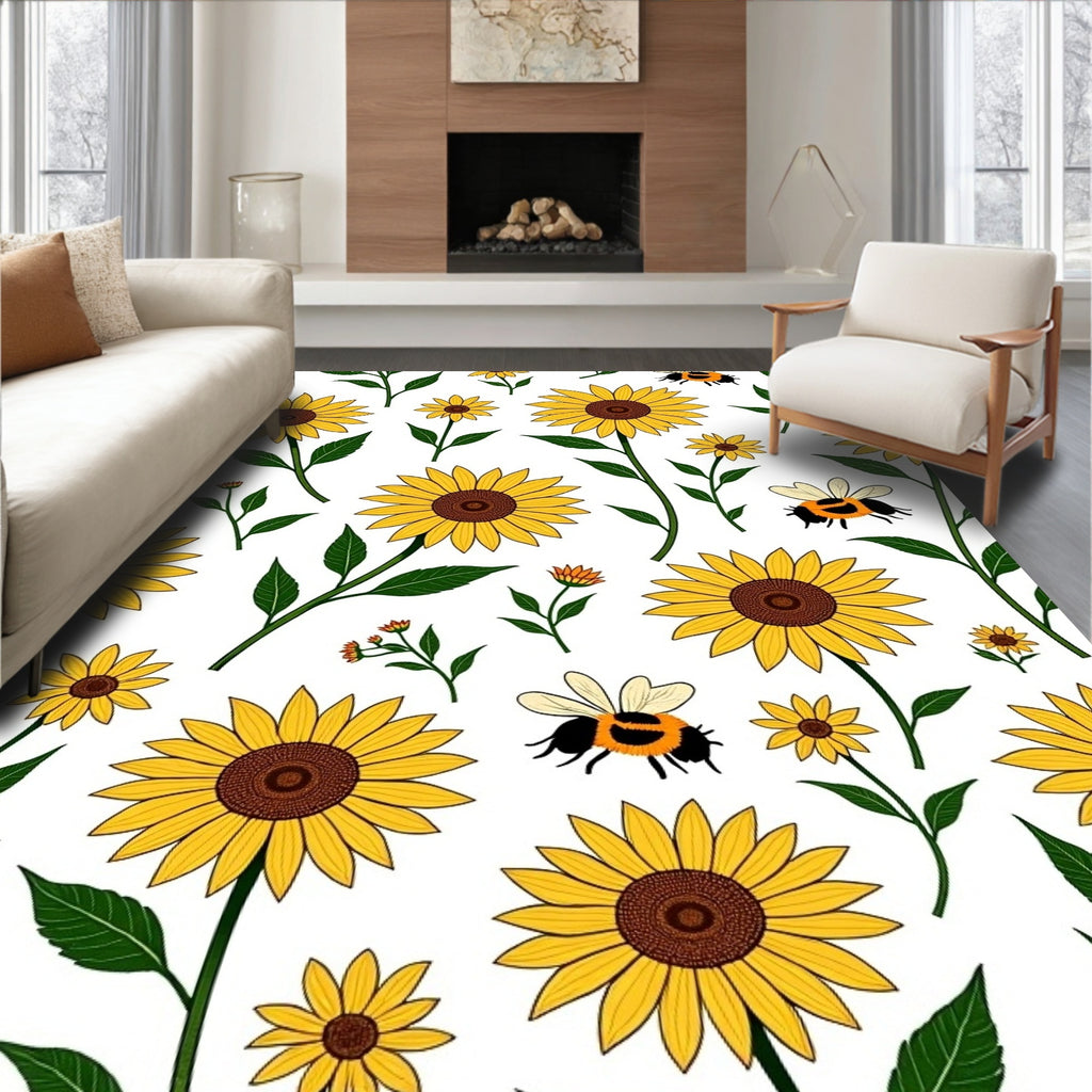 Golden Sunflowers With Bees Rug