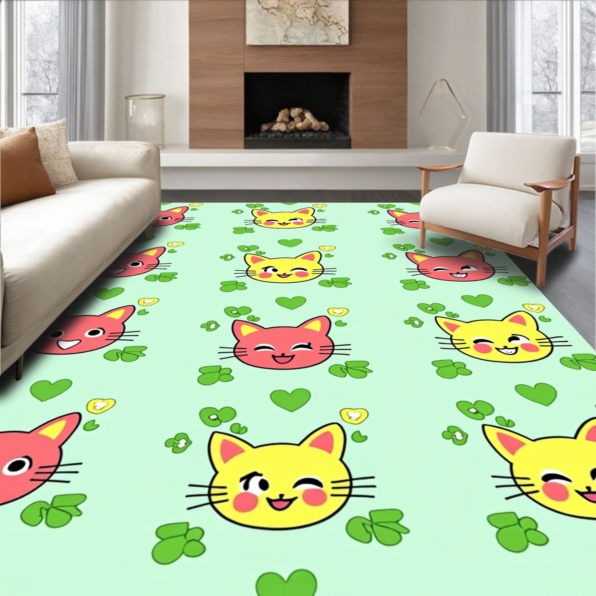 Happy Pink Yellow Cat Hearts Clover Rug