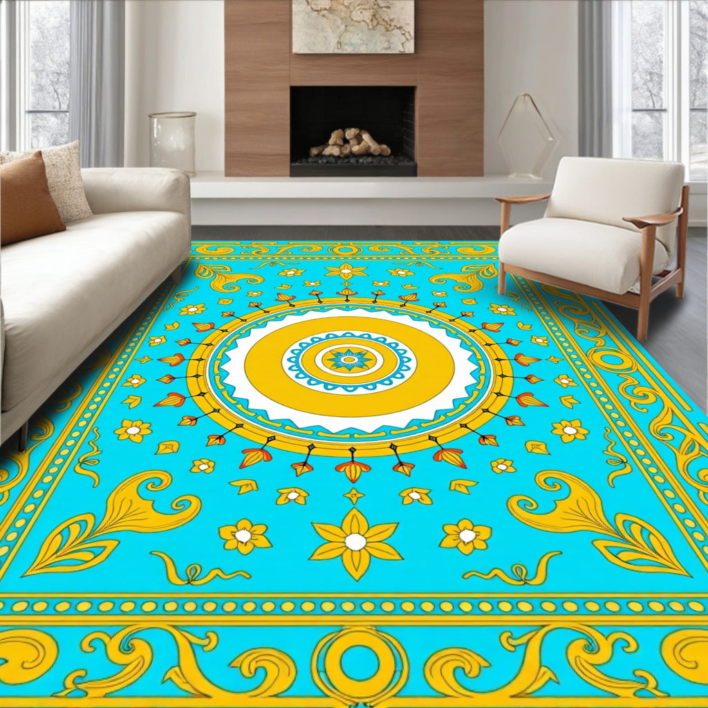 Cyan Yellow Floral Medallion Border Rug