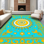 Cyan Yellow Floral Medallion Border Rug