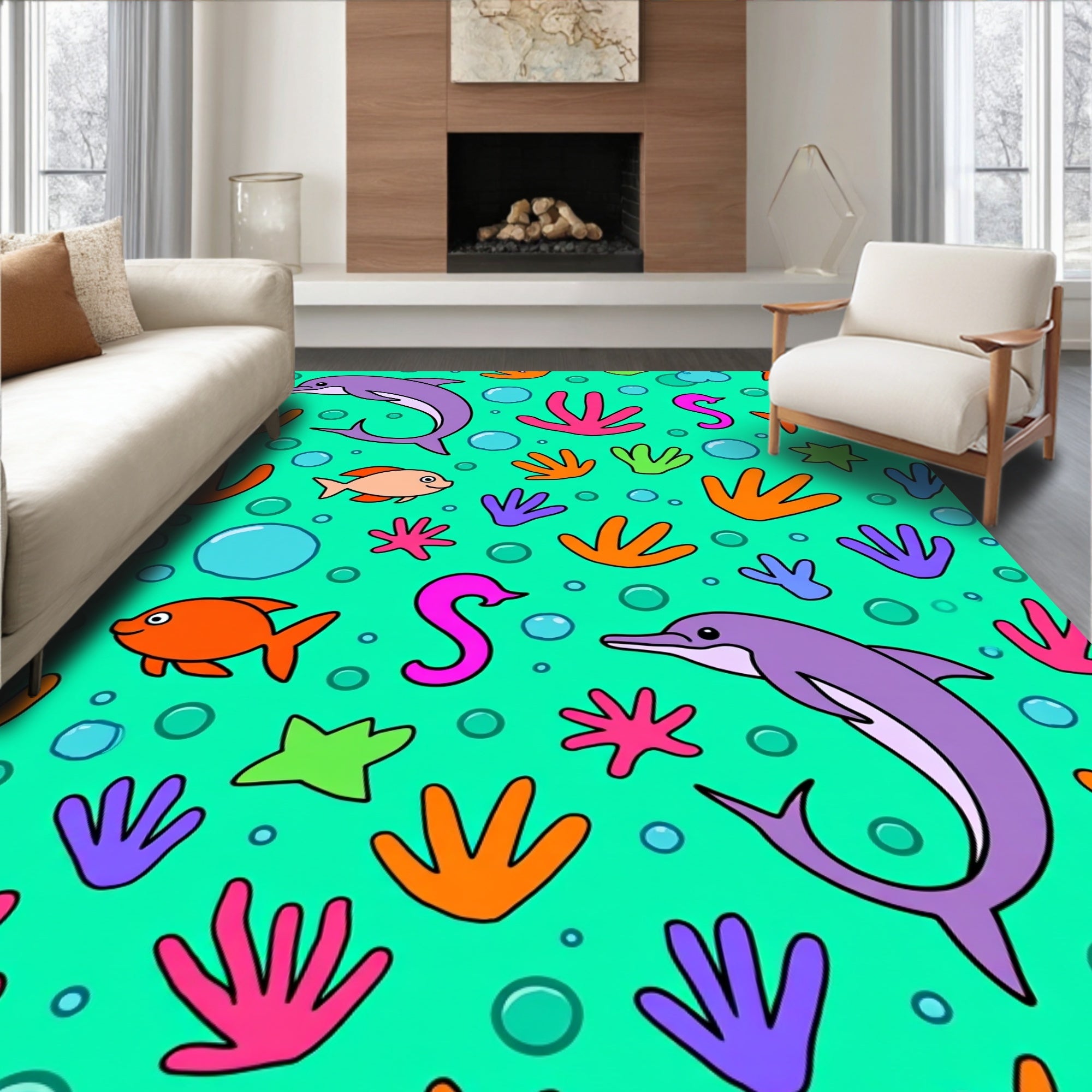 Vibrant Sea Life Dolphin Coral Splash Rug