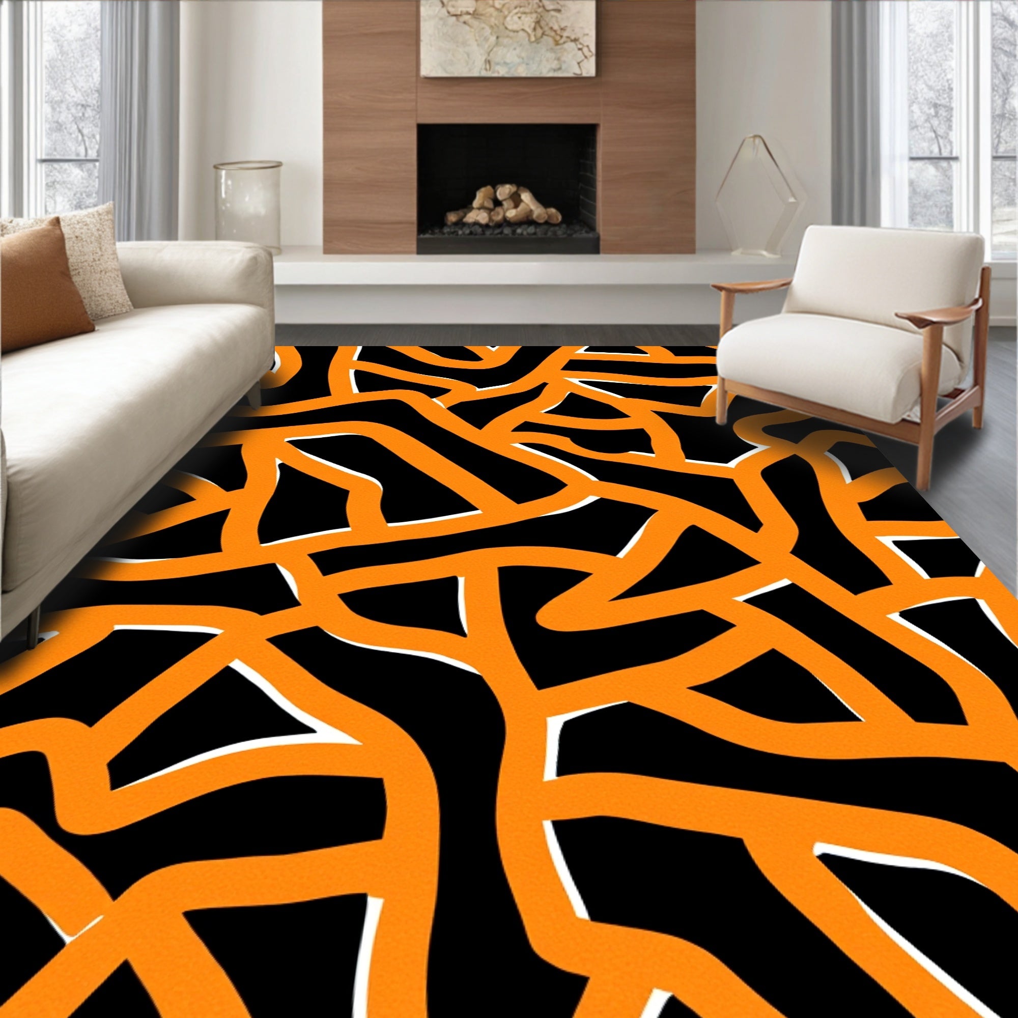 Organic Orange Black Intertwined Lines Rug