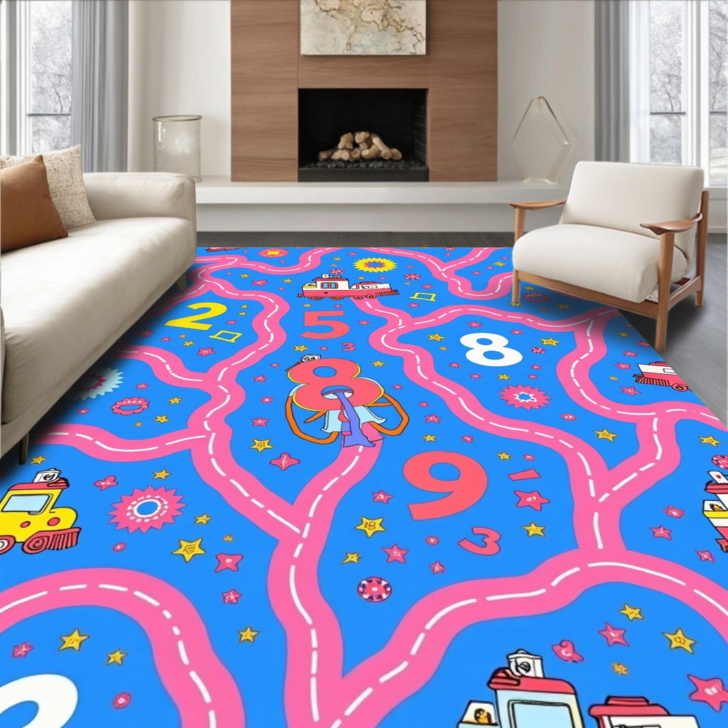 Bright Blue Train Number Play Mat Rug