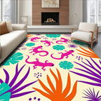 Vibrant Pink Lizards Tropical Floral Arrangement Rug