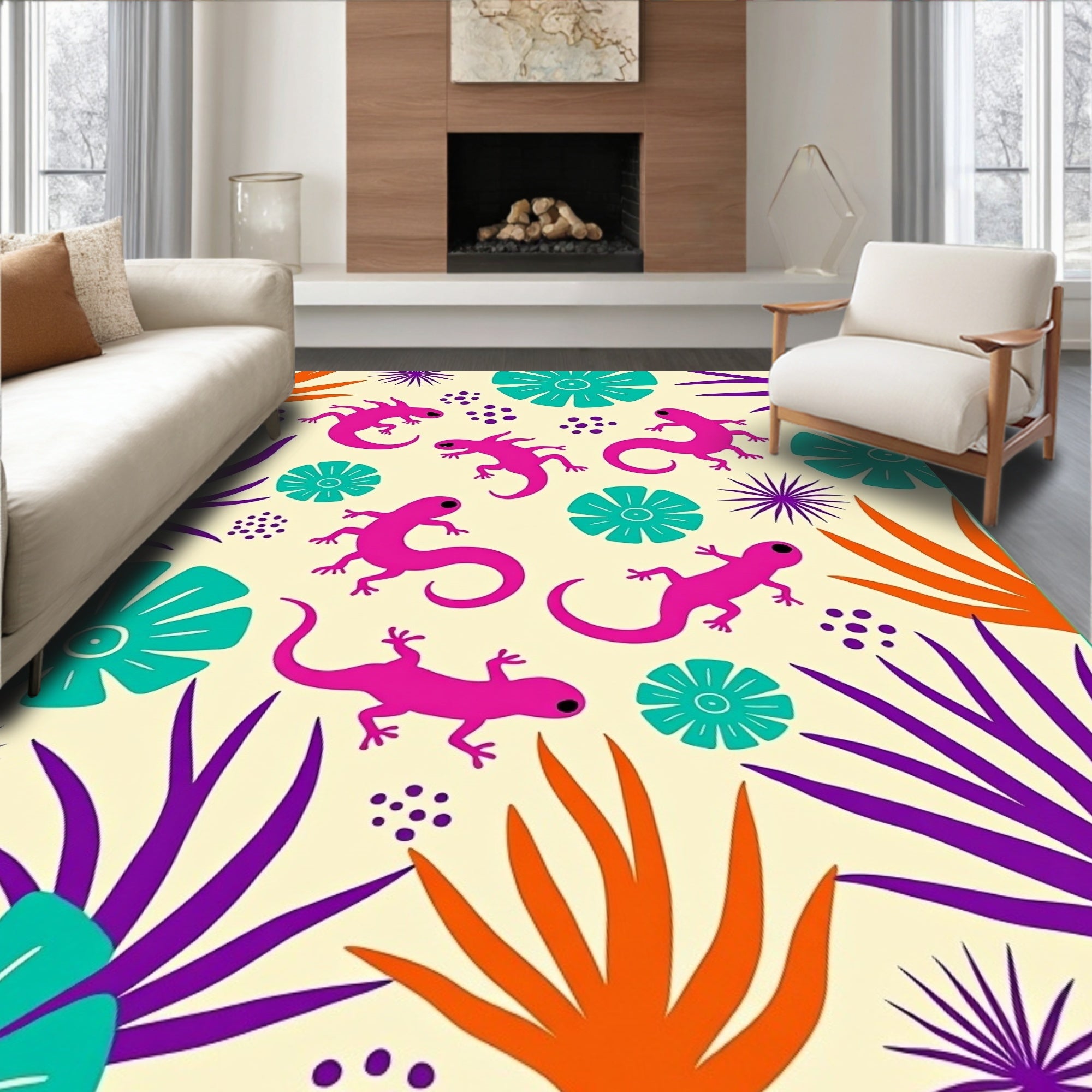 Vibrant Pink Lizards Tropical Floral Arrangement Rug