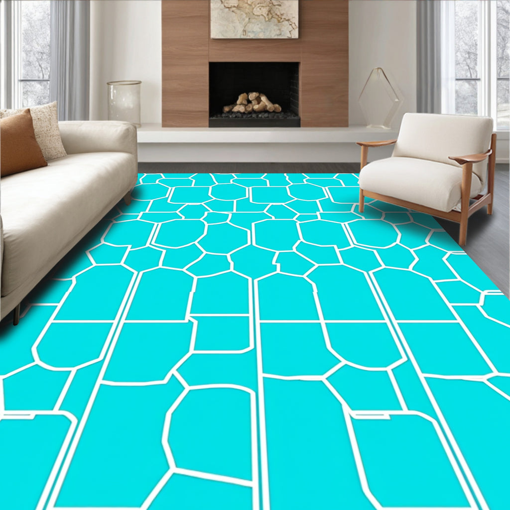 Bright Teal White Geometric Tessellation Rug