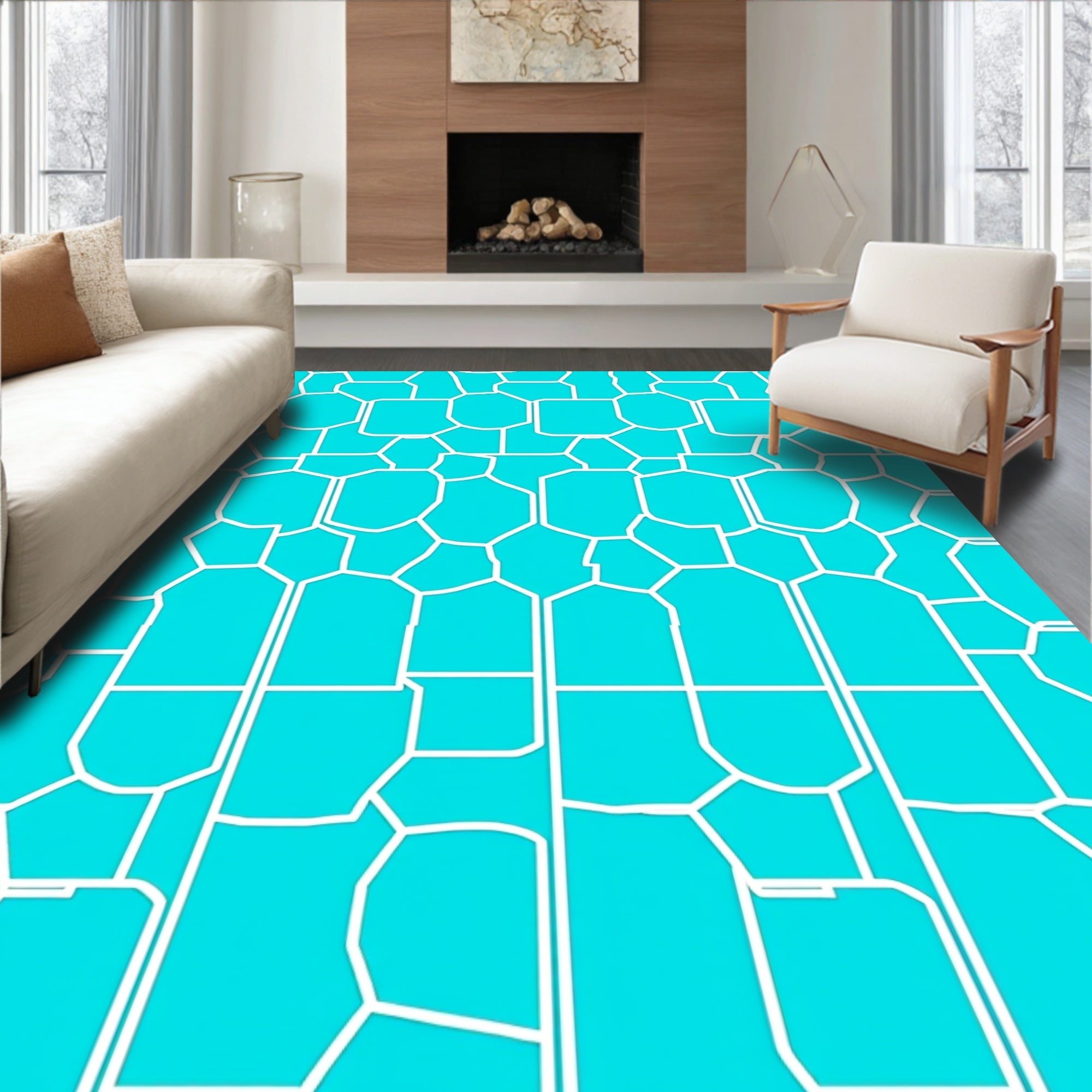 Bright Teal White Geometric Tessellation Rug