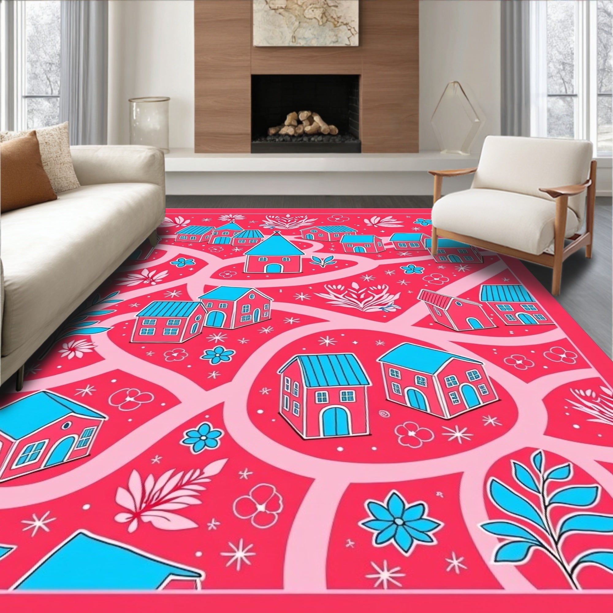 Whimsical Pink Village Houses Rug