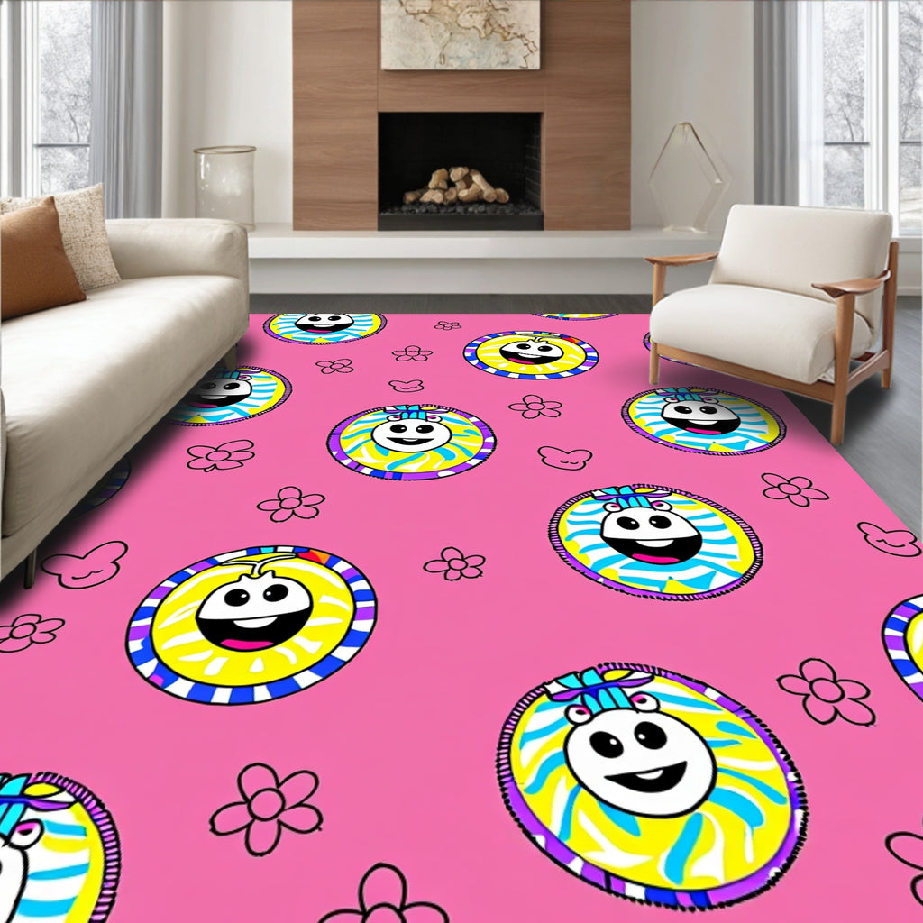 Happy Cartoon Animals Playful Flowers Rug
