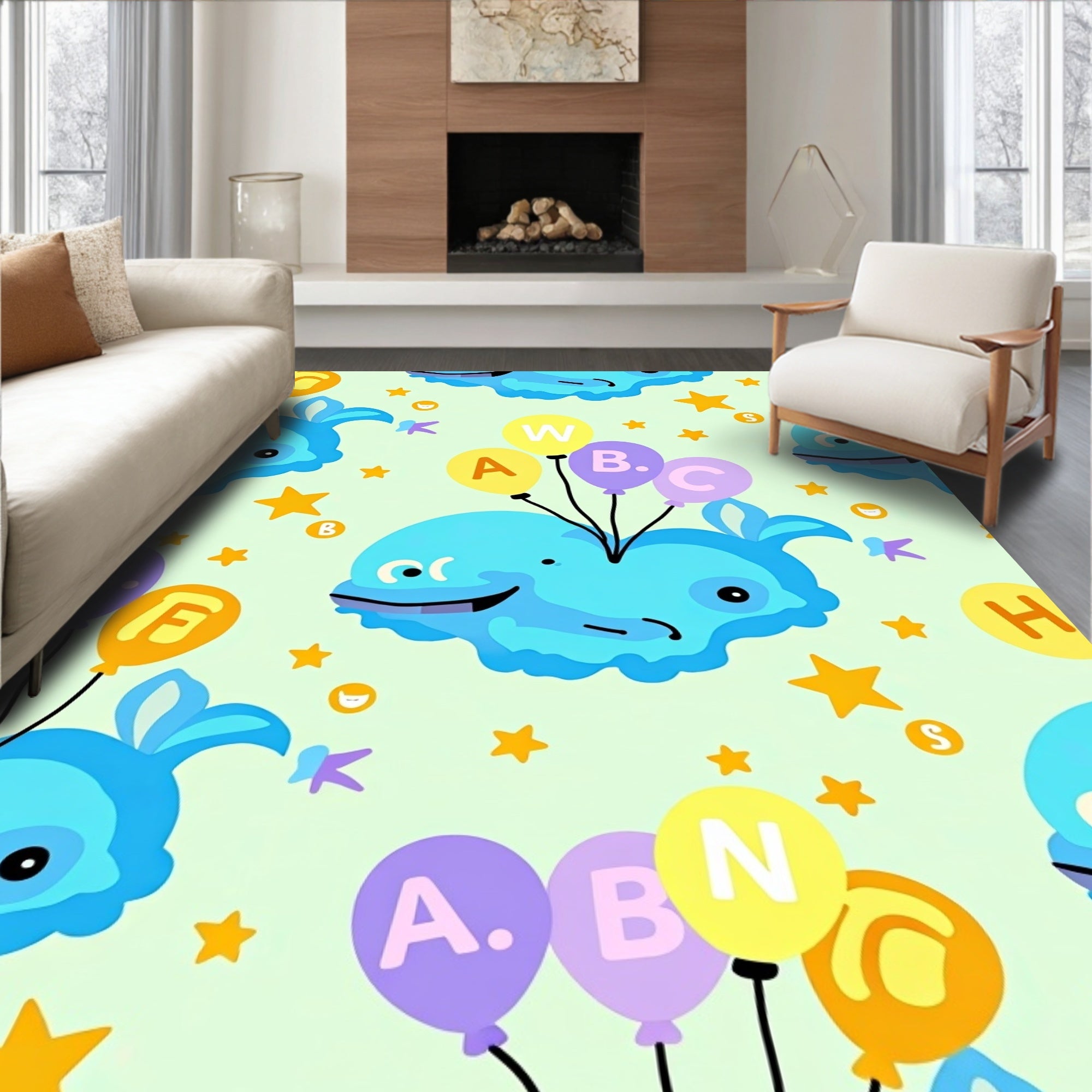 Whimsical Blue Whales With Alphabet Balloons Rug