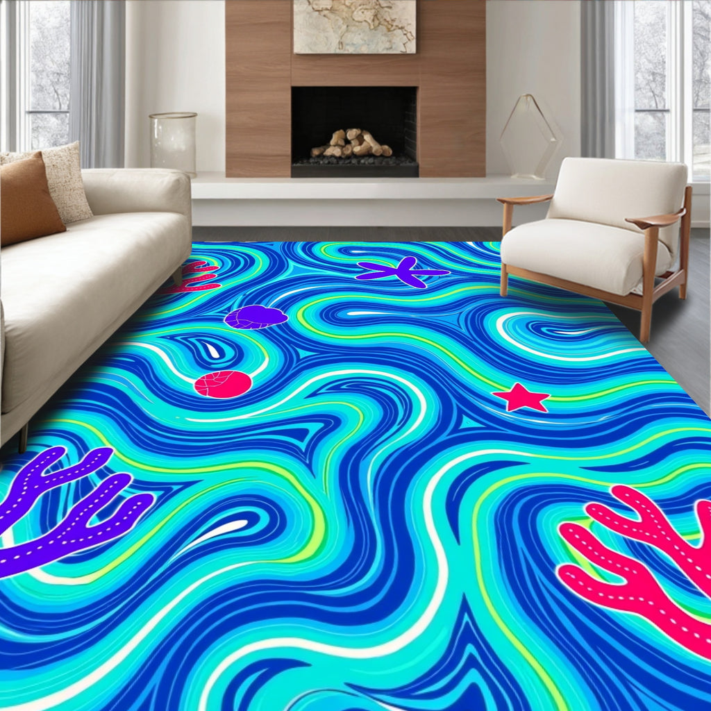 Oceanic Blue Swirls Coral Starfish Rug