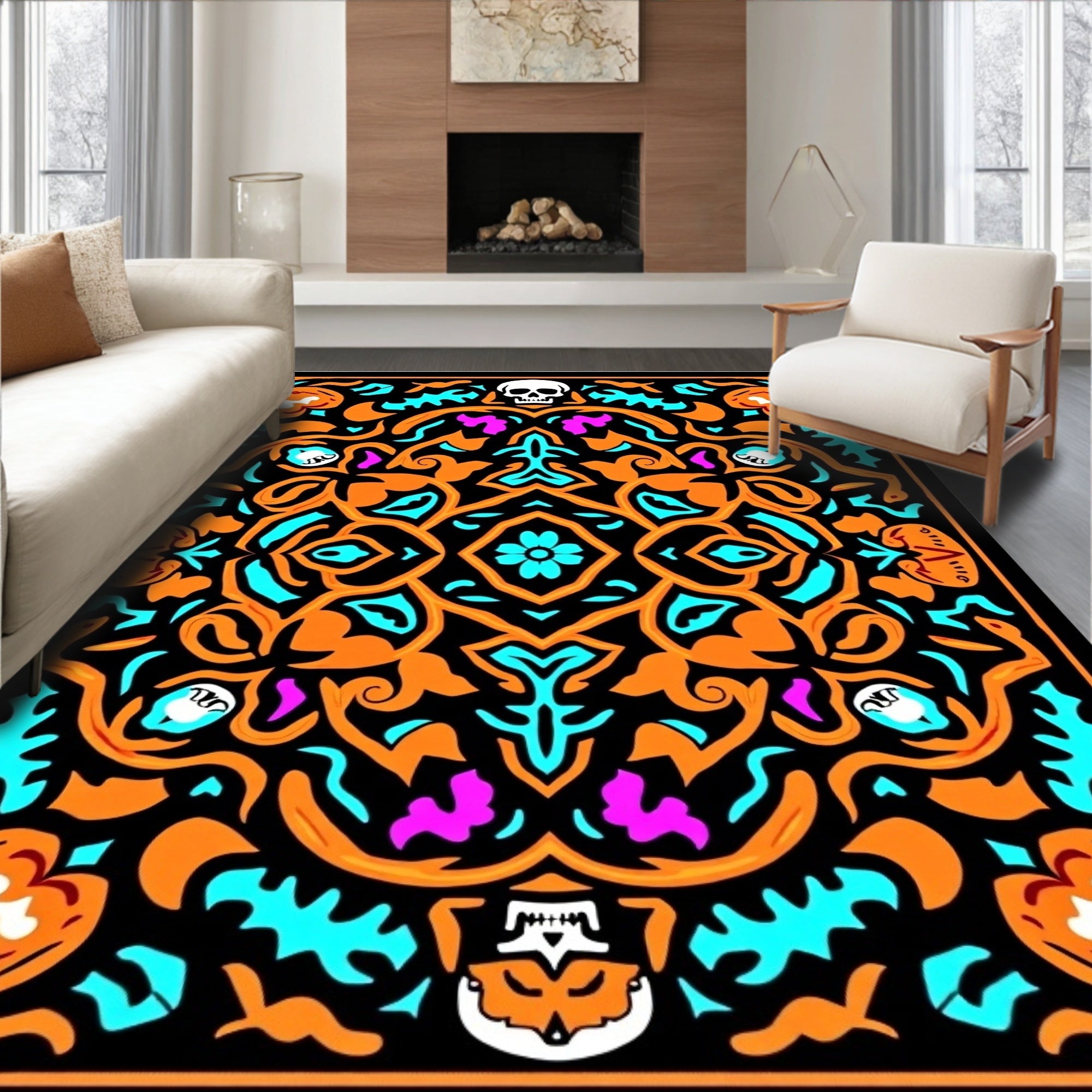 Gothic Orange Skull Floral Medallion Rug