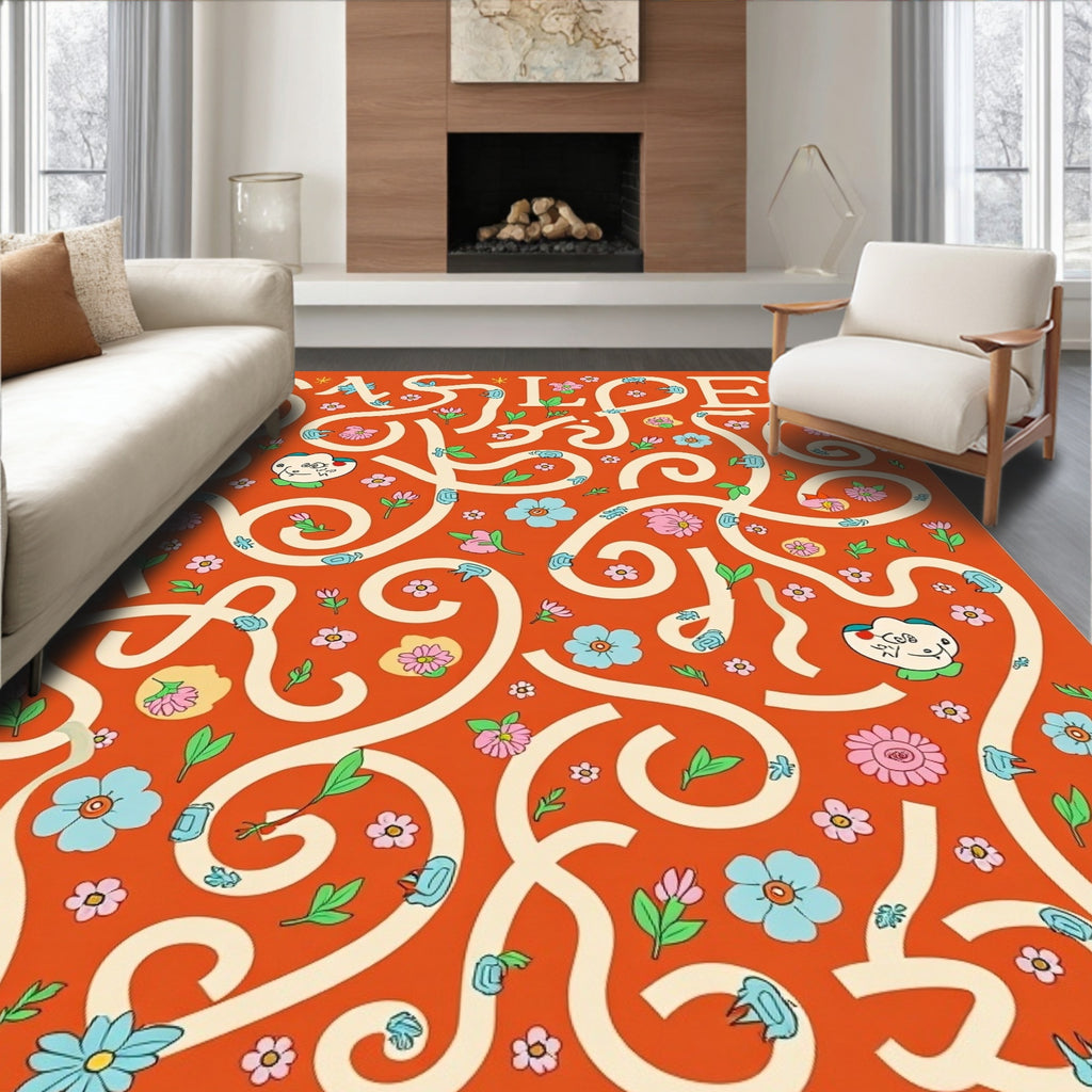 Orange Floral And Whimsical Faces Rug