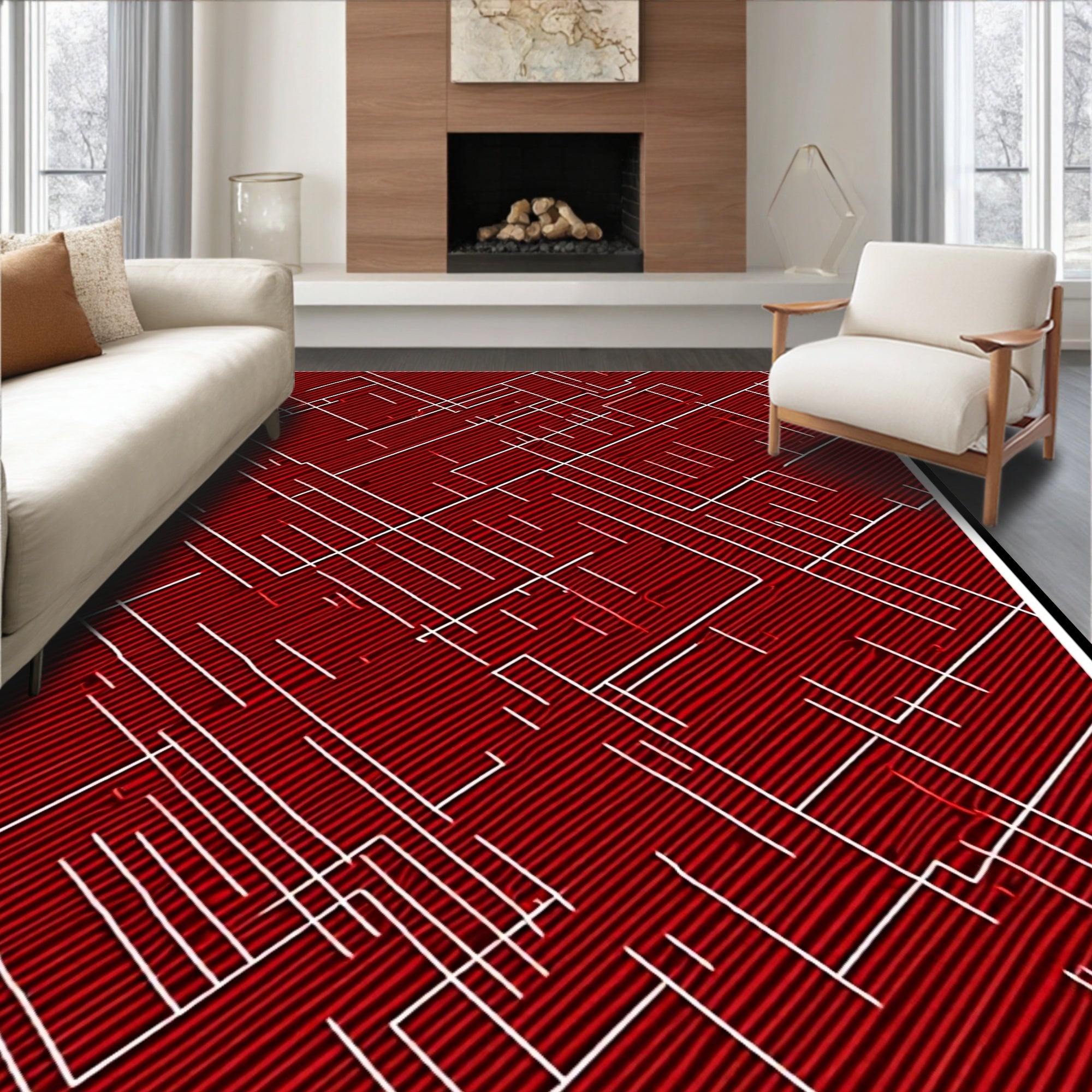 Crimson White Fissured Abstract Rug