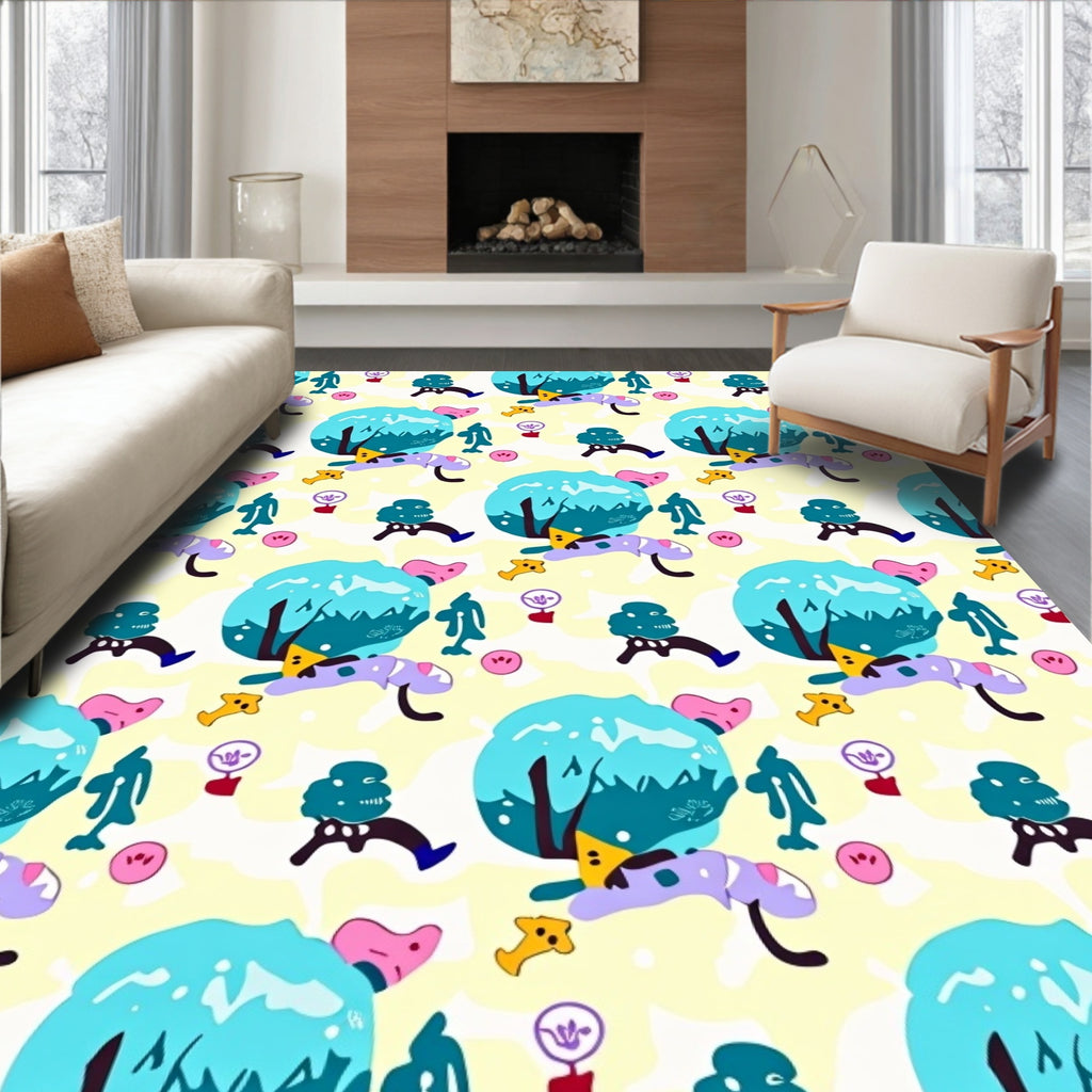 Whimsical Teal Creatures Pastel Landscape Rug