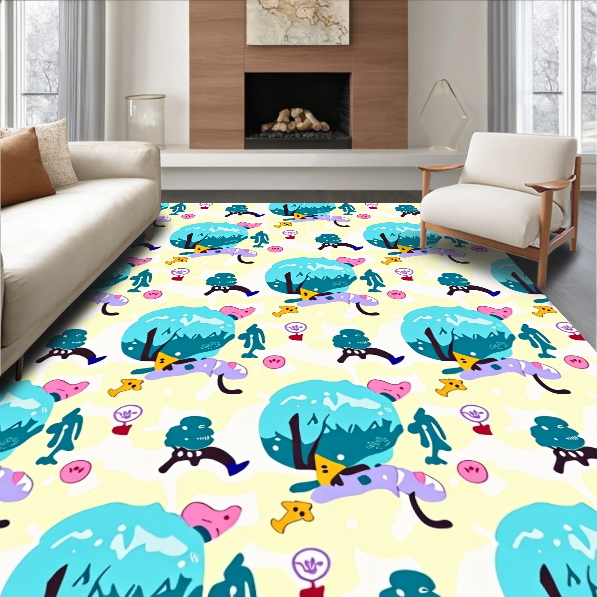 Whimsical Teal Creatures Pastel Landscape Rug