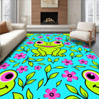 Cheerful Green Frogs Pink Flowers Meadow Rug