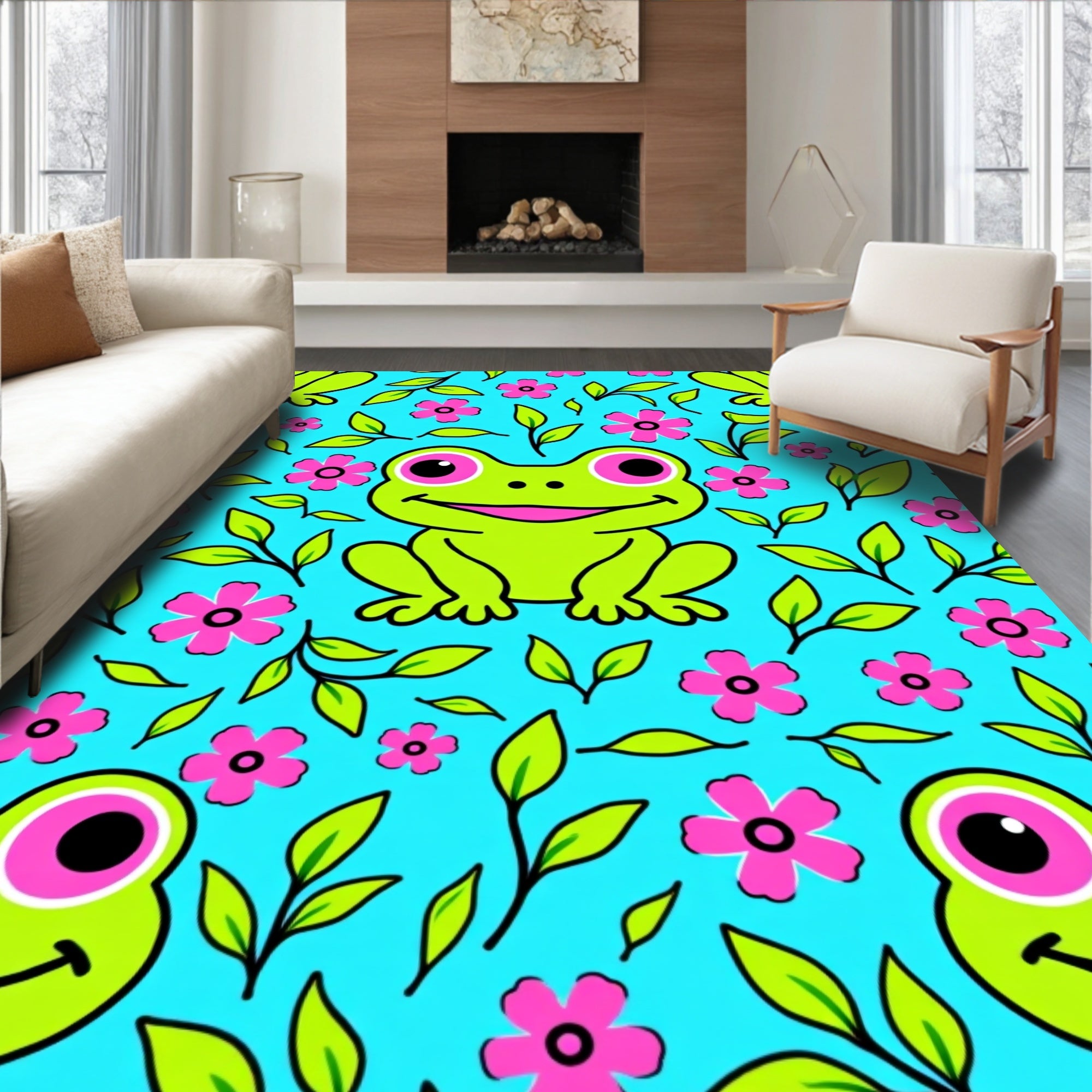 Cheerful Green Frogs Pink Flowers Meadow Rug