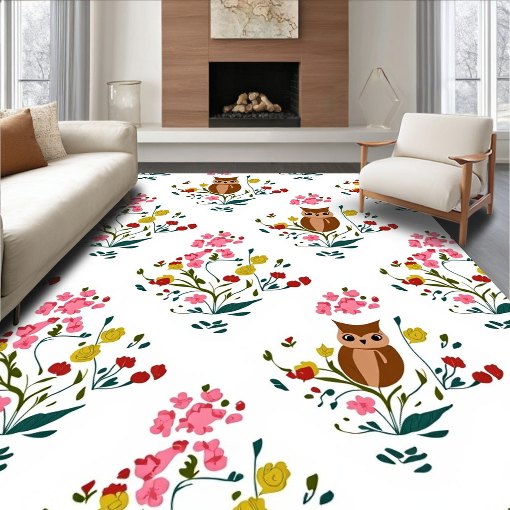 Whimsical Owl Pink Floral Meadow Rug