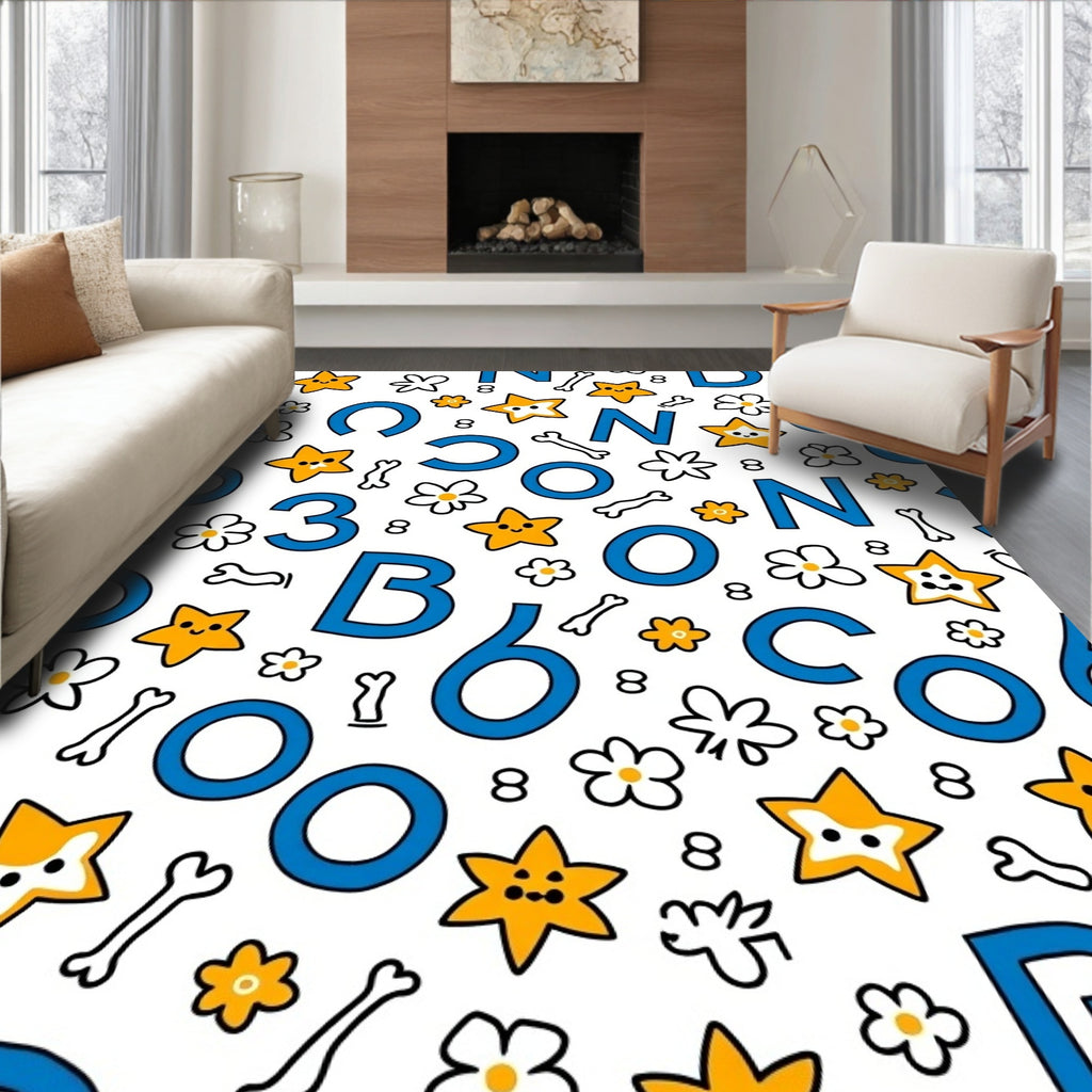 Cute Blue Alphabet Star Flowers Rug