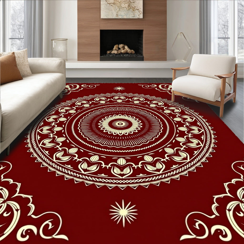 Crimson Cream Intricate Mandala Rug